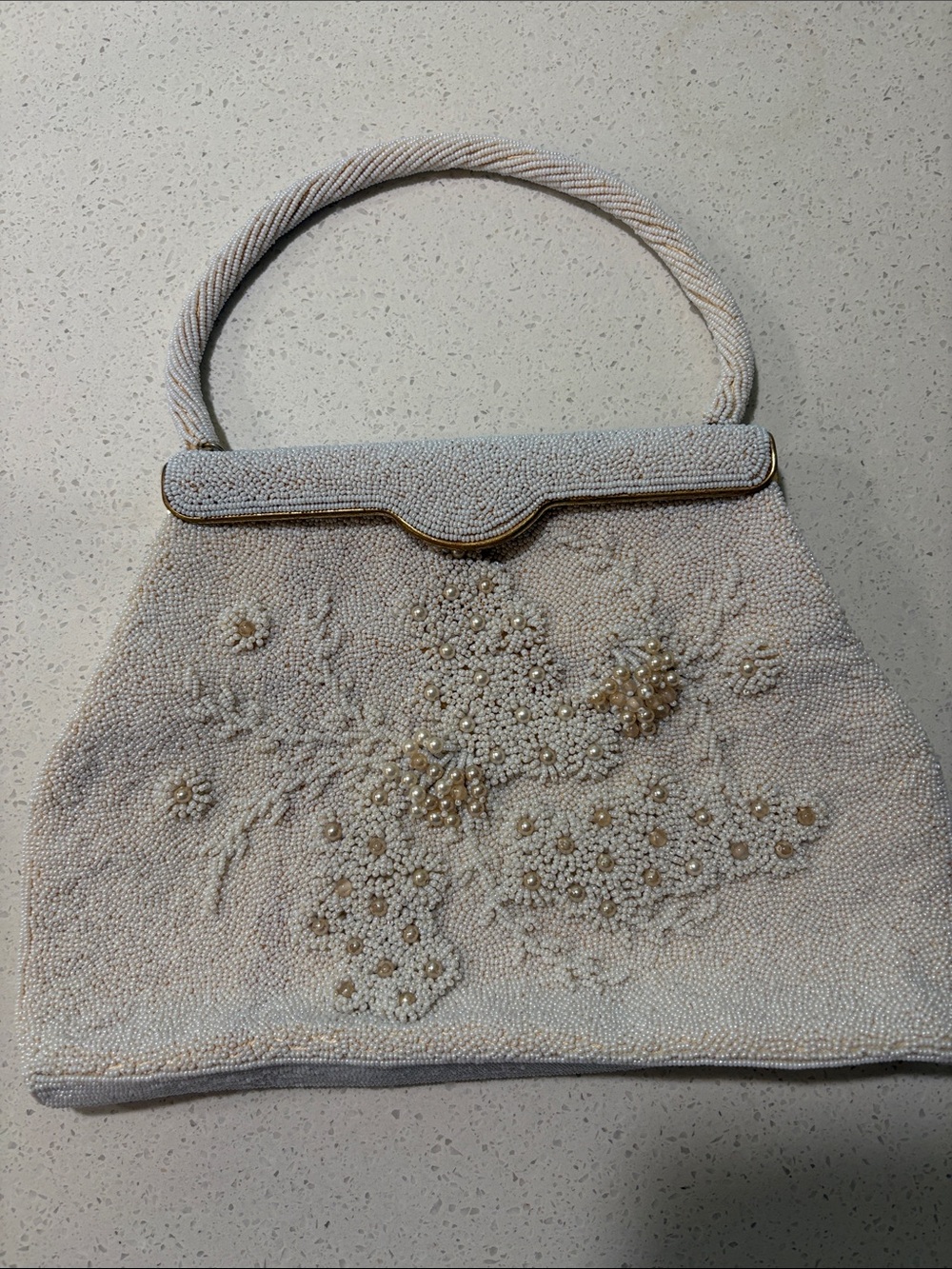 San San Hong Kong Vintage Beaded Ivory Top-Handle Bag